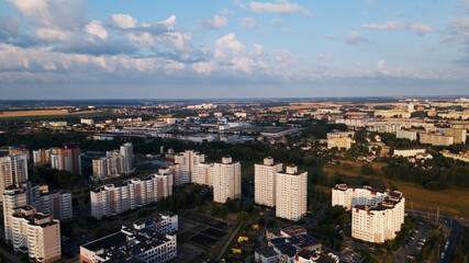 Obraz premium City block. Multi-storey buildings. City landscape at sunrise. Aerial photography.
