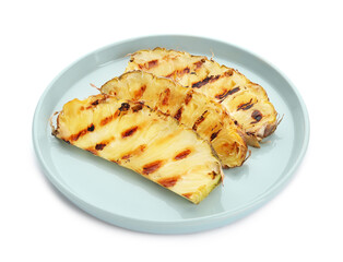 Plate with grilled pineapple slices on white background