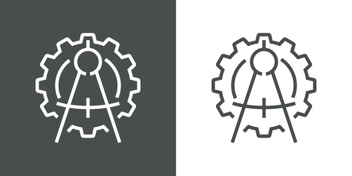 Icono plano engranaje con herramienta de dibujo comp&aacute;s separador con lineas en fondo gris y fondo blanco