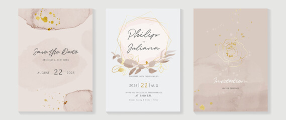 Fototapeta na wymiar Abstract art background vector. Luxury invitation card background with golden line art flower and botanical leaves, Organic shapes, Watercolor. Vector invite design for wedding and vip cover template.