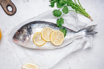 Raw dorado fish on light background