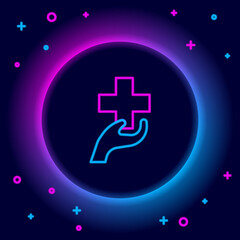 Glowing neon line Heart with a cross icon isolated on black background. First aid. Healthcare, medical and pharmacy sign. Colorful outline concept. Vector