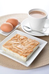 peanut butter toast bread set with half boiled egg and coffee or tea in white background asian halal menu