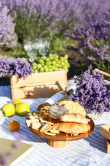 Tasty food and drink for romantic picnic in lavender field