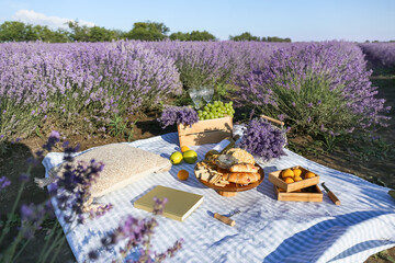 Tasty food and drink for romantic picnic in lavender field