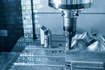 The abstract scene CNC milling machine rough cutting  the mold and die parts and G-code data background.