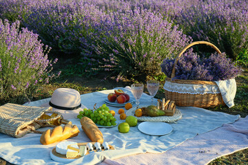 Wicker basket with tasty food and drink for romantic picnic in lavender field