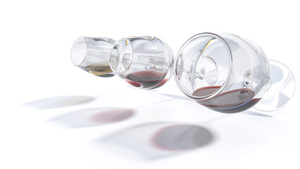 Three tilted wine glasses containing red white and rose casting shadows on white background. 3D surreal or abstract illustration.