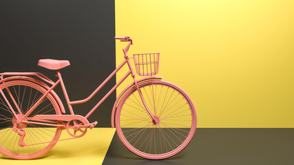 3D render of a pink bicycle on an abstract yellow and black background.