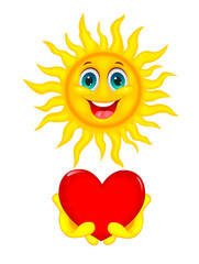 Sun with heart in hands. Smiling cartoon sun on a white background. The sun holds a red heart in its hands