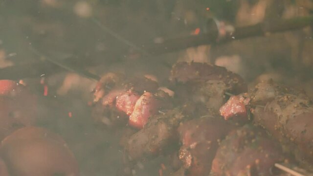 barbecue on the grill with a smoke. Juicy meat with a burning fire in the grill, grilled pork, lamb, marinated meat skewers, picnic in nature