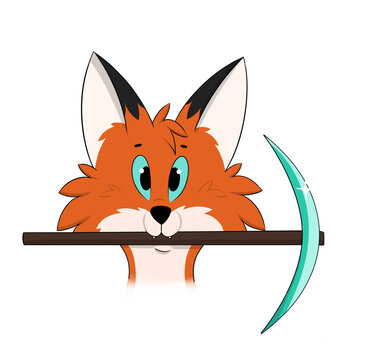 The fox holds a diamond pickaxe in his teeth
