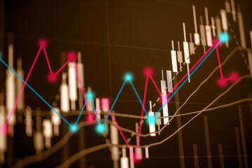 Candlestick chart in financial stock market on digital number background. Forex trading graphic design and Stock market trading trend as concept.	
