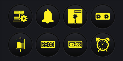 Set IV bag, Stereo speaker, Digital alarm clock, Retro flip, Floppy disk in the 5.25-inch and Ringing bell icon. Vector