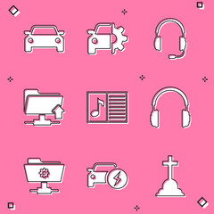 Set Car, service, Headphones with microphone, FTP folder upload, Music book note and icon. Vector