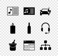 Set Music book with note, , Electric car, Bottle of wine in bucket, Calendar and Hierarchy organogram chart icon. Vector
