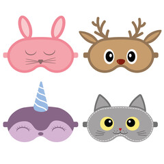 set of sleeping mask with cute animal faces, isolated vector illustration