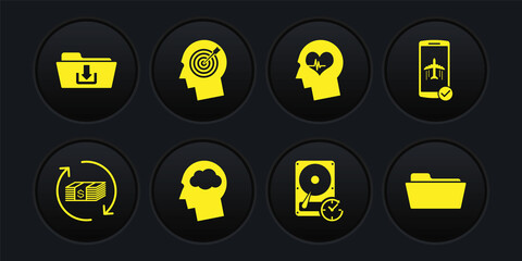 Set Refund money, Flight mode in the mobile, Head silhouette with cloud, Hard disk drive clockwise, heartbeat and hunting concept icon. Vector