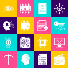 Set Cryptocurrency wallet, Mining with monitor and pickaxe, key, Proof of stake, and Bitcoin think icon. Vector