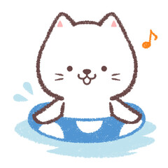 浮き輪を持って泳ぐシロネコ