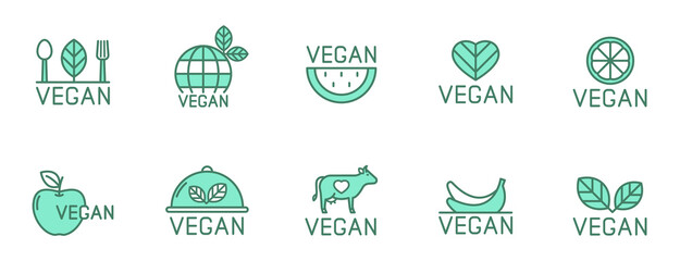 vegan line vector logo icons in two colors isolated on white background. vegan friendly green icon set for web design, ui, mobile apps and polygraphy