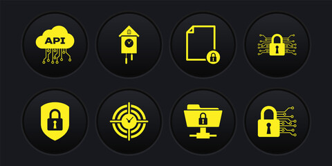 Set Shield security with lock, Cyber, Time Management, FTP folder and, Document and Retro wall watch icon. Vector