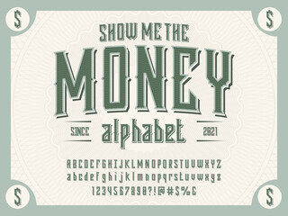 Fototapeta Money style alphabet design with decorative elements, uppercase, lowercase, numbers and symbols obraz