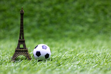 Soccer ball with Eiffel Tower are on green grass