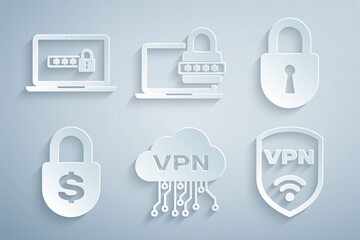 Set Cloud VPN interface, Lock, Money lock, Shield with wireless, Laptop password and icon. Vector