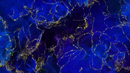 青と黒と金のアルコールインクアートの背景イラスト