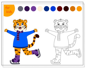 coloring book for children by colors, cartoon tiger skating, symbol of the year, vector isolated on a white background