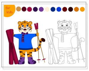 coloring book for children by colors, cartoon tiger with skis and ski poles in his hands, symbol of the year, vector