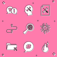 Set Question and Exclamation, Human head service, File document, Route location, Microorganisms under magnifier, Bacteria, Folder and Hashtag speech bubble icon. Vector