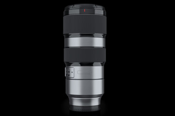 Modern nonexistent DSLR telephoto camera lens on black background