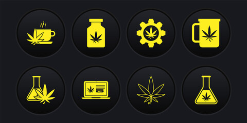 Set Test tube with marijuana, Cup tea, Online buying, Marijuana or cannabis leaf, Medical bottle, and icon. Vector
