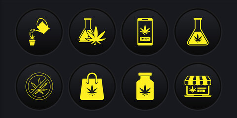 Set Stop marijuana, Test tube with, Shopping bag of, Medical bottle, Online buying, and Watering can icon. Vector