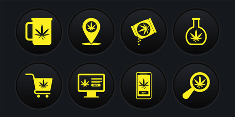 Set Shopping cart with marijuana, Test tube, Online buying, Marijuana or cannabis seeds, Location and, Magnifying glass and Cup tea icon. Vector