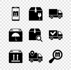 Set Mobile with app tracking, Delivery box fragile content, cargo truck vehicle, Cardboard traffic, Search package, umbrella and icon. Vector