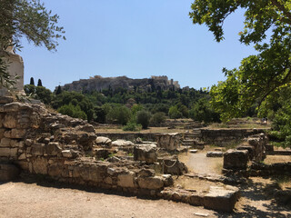 View of the Athenian Acropolis seen from the Ancient Agora of Athens in Athens, Greece.