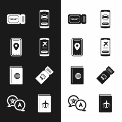 Set Mobile with ticket, Infographic of city map, Ticket, Online car sharing, Cover book travel guide, Bus, and Translator icon. Vector