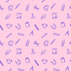 Seamless vector pattern with different drawings related to the school. School supplies and office stationary on pink background. For fabric, paper, wrap, textile, poster, wallpaper or background