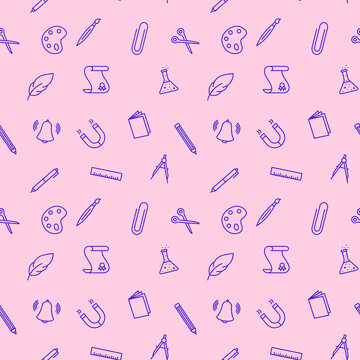 Seamless vector pattern with different drawings related to the school. School supplies and office stationary on pink background. For fabric, paper, wrap, textile, poster, wallpaper or background