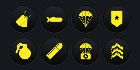 Set Hand grenade, Chevron, Bullet, Parachute with first aid kit, Submarine, Military rank and dog tags icon. Vector