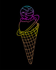 Ice cream, colored doodling in a waffle cone, pink blue yellow color, planet Saturn, handmade contour doodle drawing, isolated, white background. Vector illustration