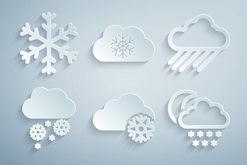 Set Cloud with snow, rain, and moon, and Snowflake icon. Vector