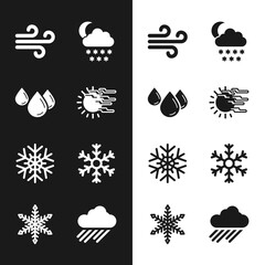 Set Fog and sun, Water drop, Wind, Cloud with snow moon, Snowflake and icon. Vector