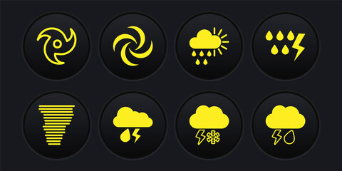 Set Tornado, Storm, Cloud with rain and lightning, snow, Cloudy sun, and icon. Vector