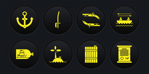 Set Bottle with ship inside, Boat oars, Tropical island ocean, Wooden barrel, Vintage pistols, Pirate sword, Decree, parchment, scroll and Anchor icon. Vector