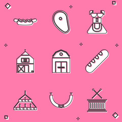 Fototapeta premium Set Hotdog sandwich, Steak meat, Costume for women dirndl, Farm House, French baguette bread, Massive steel chandelier and Sausage icon. Vector