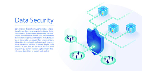 Data cloud computing security concept. 3D isometric vector illustration of a cloud data center protected by IT security shield.